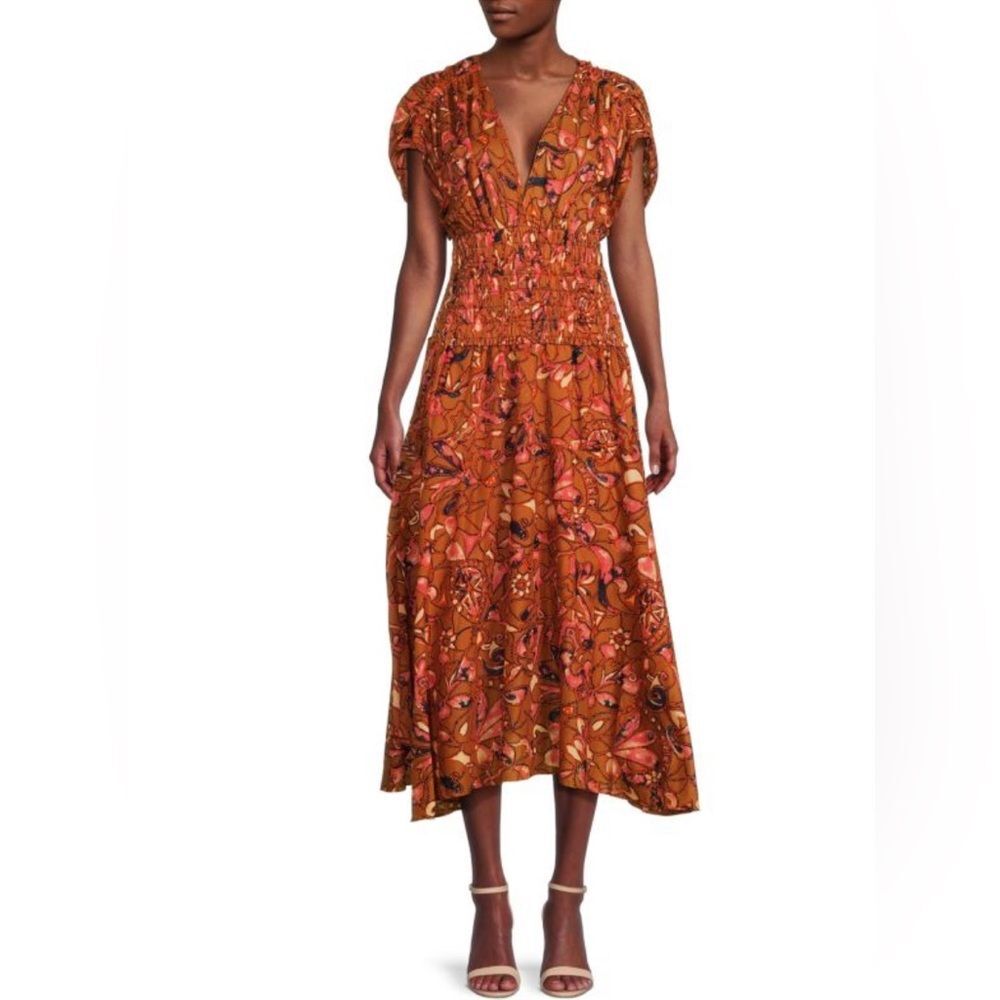A.L.C. Lucia Floral V Neck Smocked Waist A-Line Midi Dress, NWT, Size 2 - Picture 4 of 9